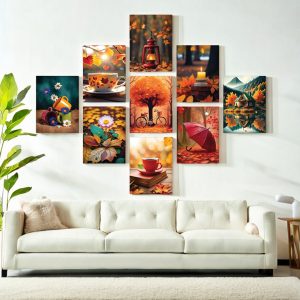 Set of nine framed artworks on a wall above a white sofa.