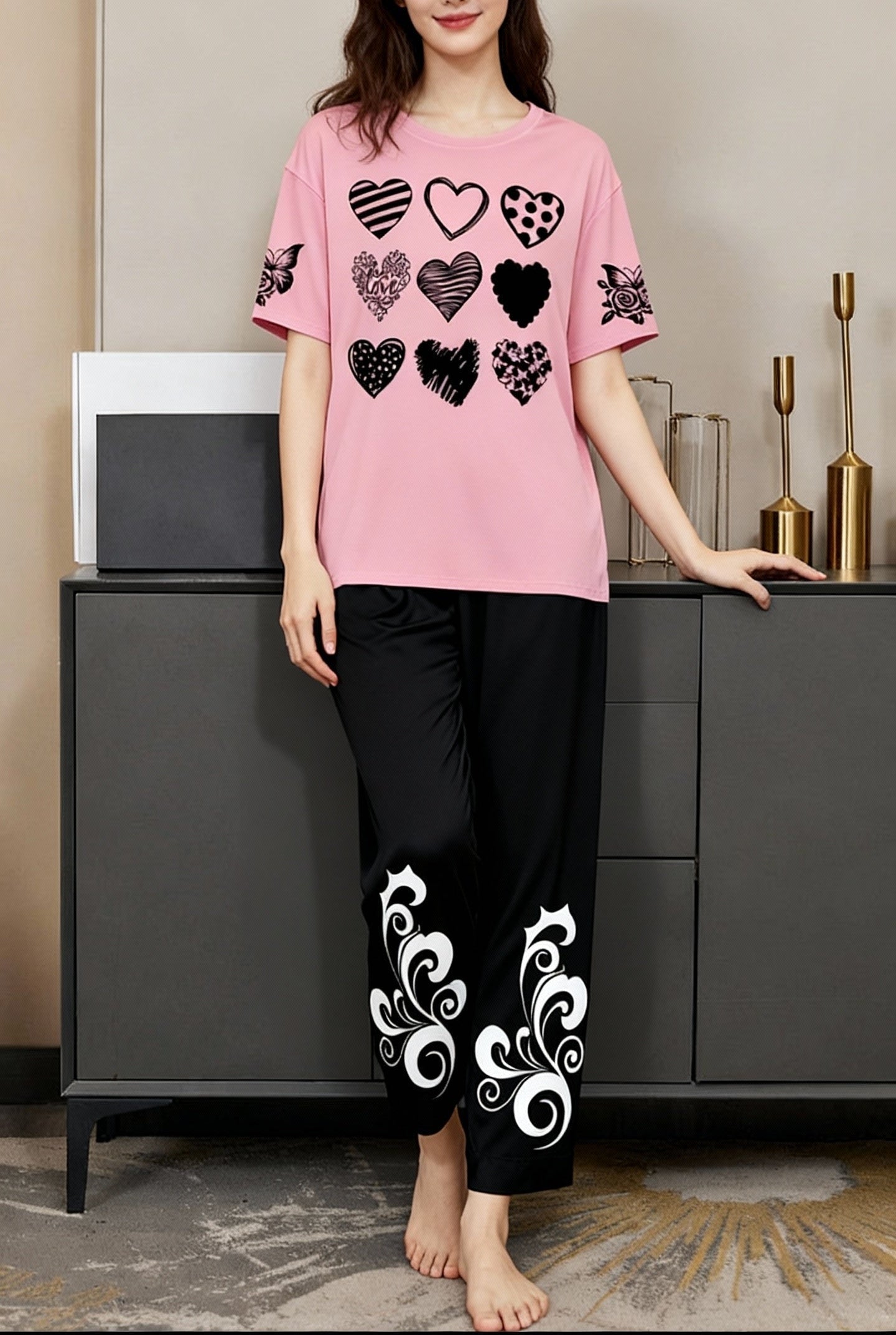 Pink & Black Women Printed Night Suit โ Comfortable Sleepwear