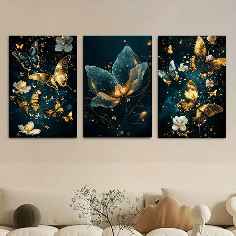 Butterfly floral wall art three piece set dark teal wooden sticky tile panels mounting tape