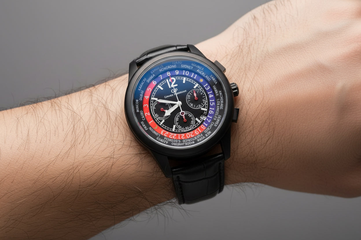 Casino design chronograph leather strap watch for men black and golden vintage dial