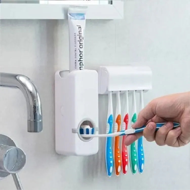 Automatic wall mounted toothpaste dispenser with 5 toothbrush holder for hands-free toothpaste dispensing