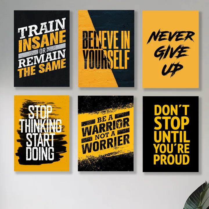 Set of 6 motivational wooden canvas frames with laminated digital printing and sticky tape for wall decor