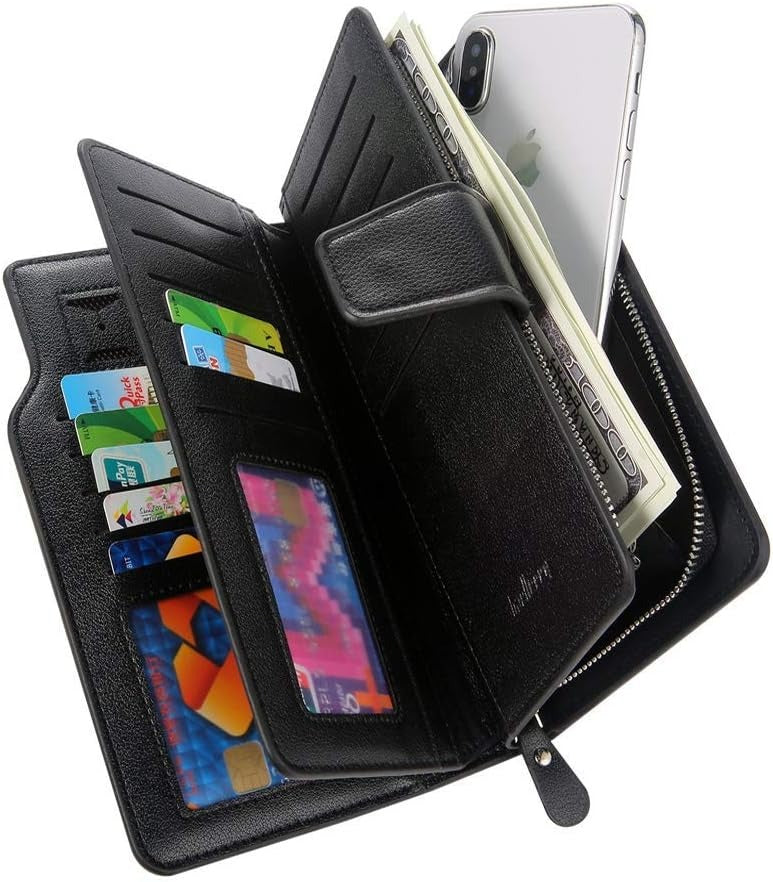 Baellerry black men’s long leather wallet with 23 card slots and zip-around clutch design