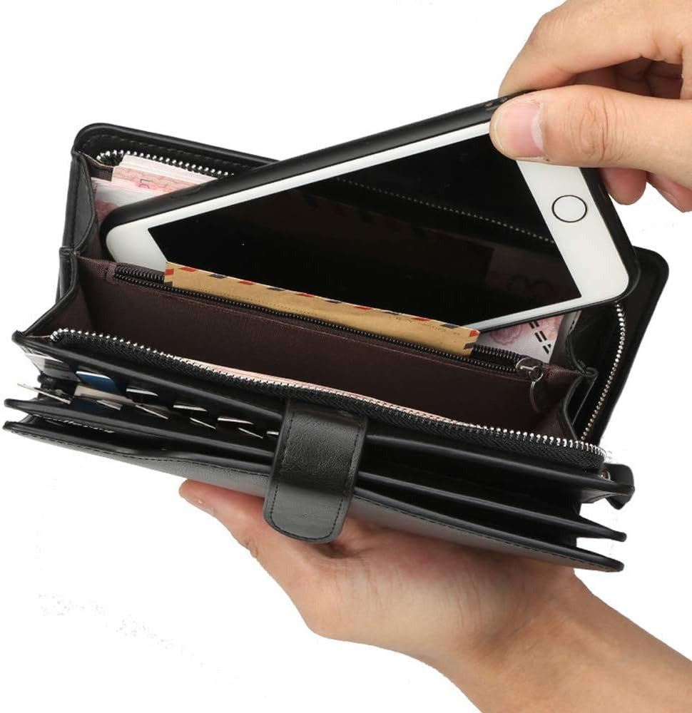 Baellerry black men’s long leather wallet with 23 card slots and zip-around clutch design