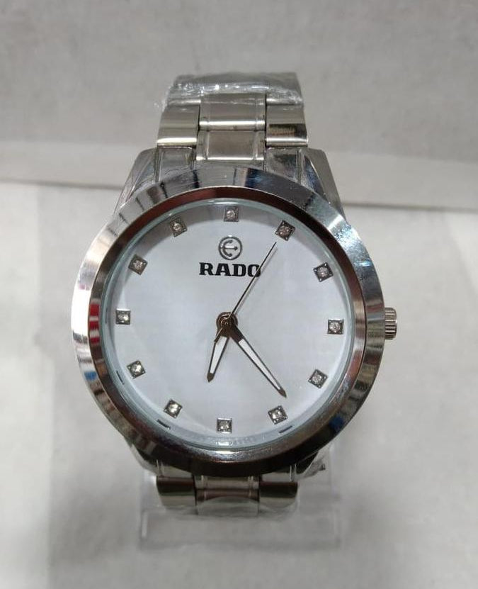 RADO men’s stainless steel formal wrist watch in silver and white with analog display