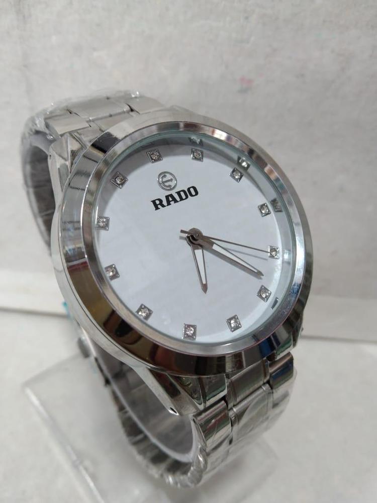 RADO men’s stainless steel formal wrist watch in silver and white with analog display