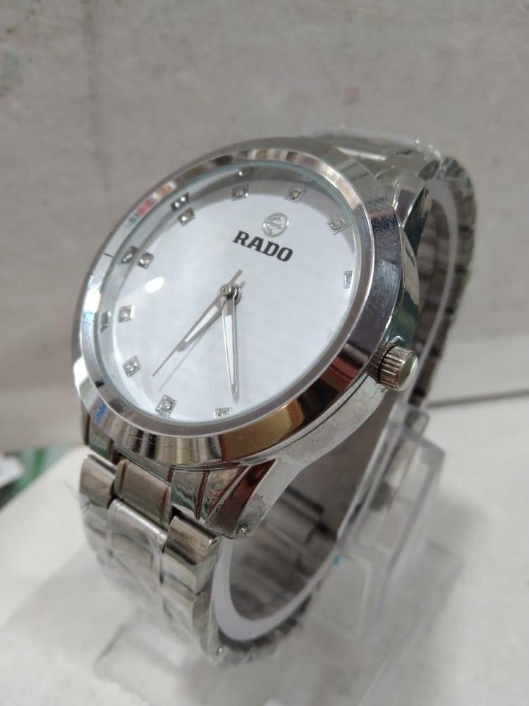RADO men’s stainless steel formal wrist watch in silver and white with analog display