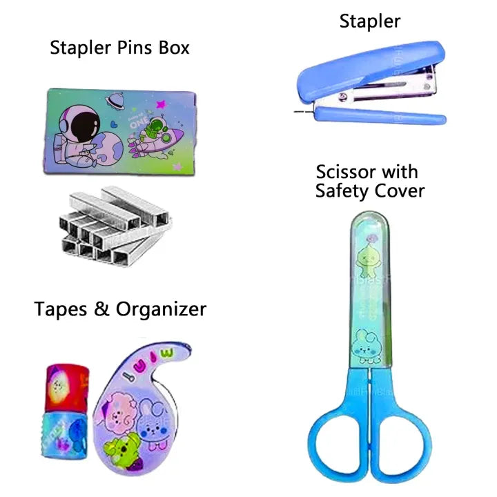Space-themed 6-piece stationery set with stapler, scissors, washi tapes and tape dispenser for students and office use