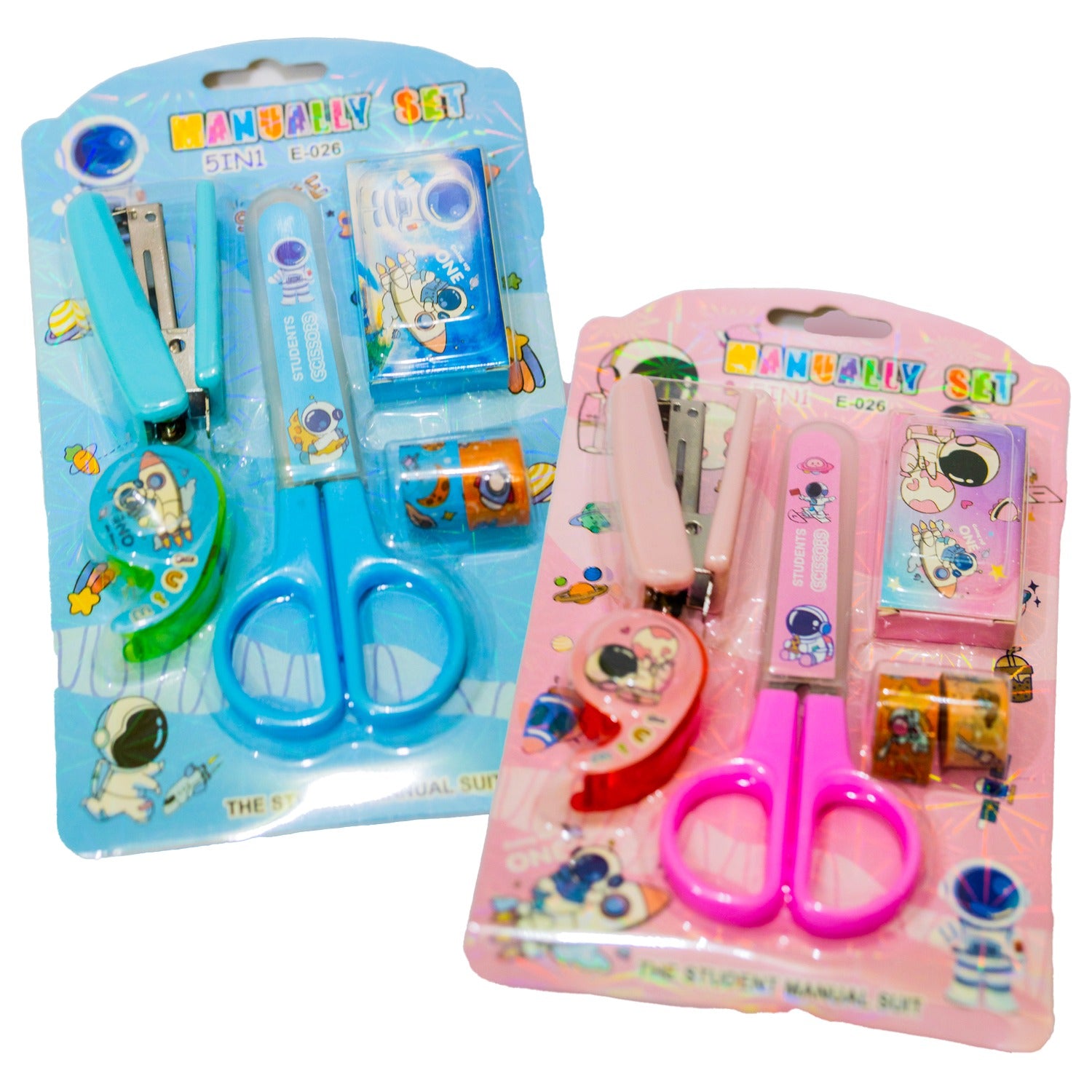 Space-themed 6-piece stationery set with stapler, scissors, washi tapes and tape dispenser for students and office use
