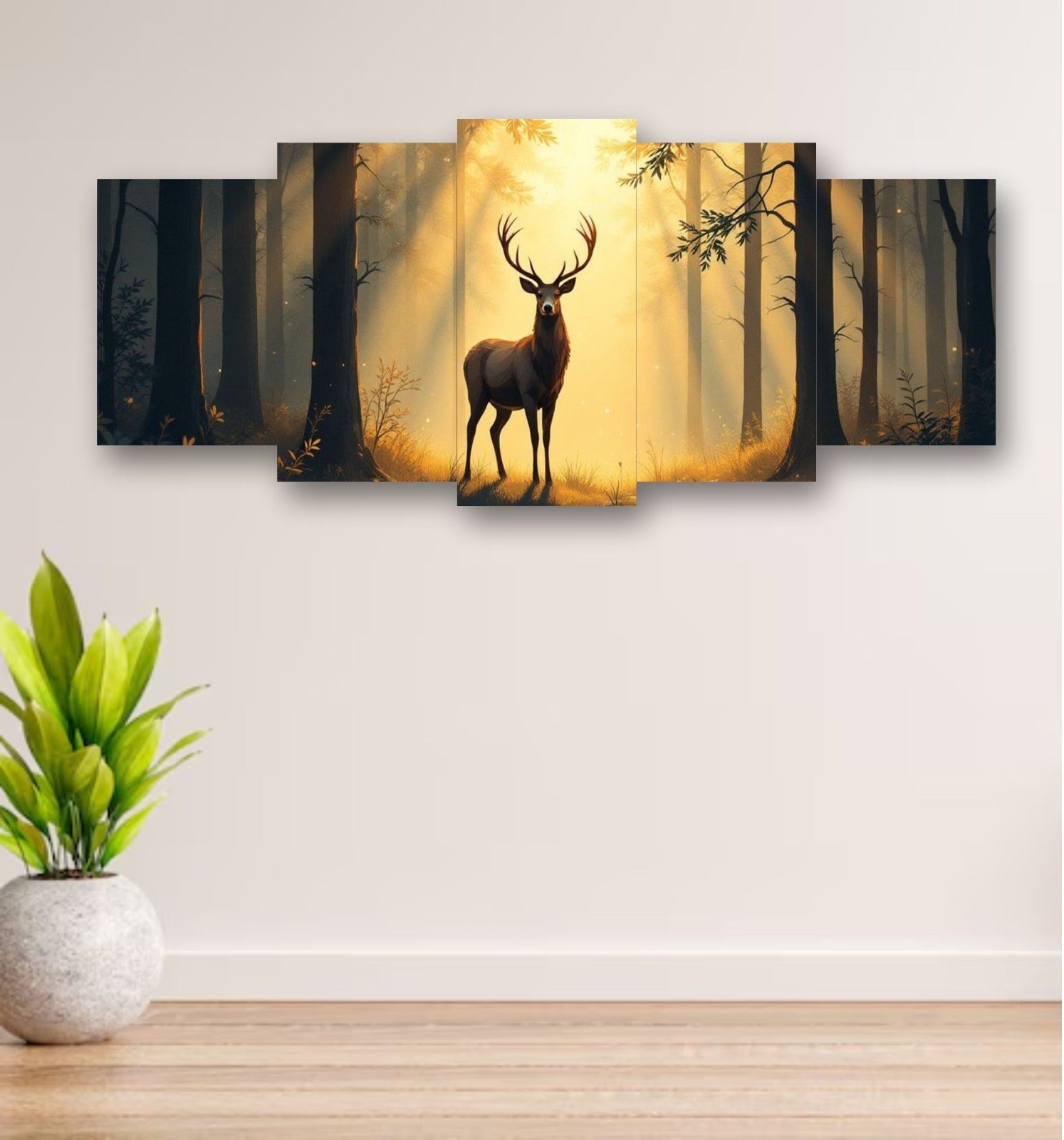 5-piece wooden wall frame set featuring deer and forest sunset design, Trend-ify home decor