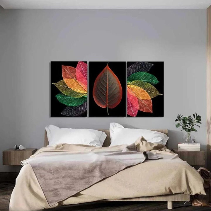 Translucent Leaf Triptych – 3-piece wooden wall art featuring autumn leaves on black background, Trend-ify home decor