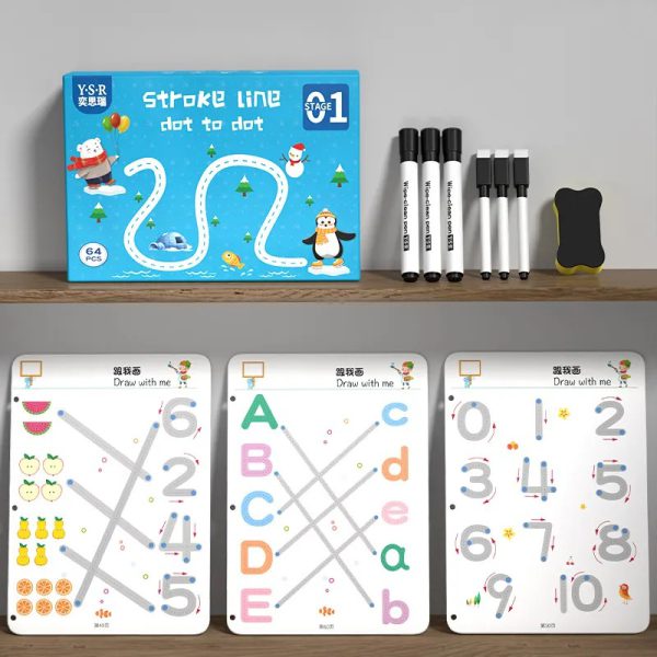 A4 Kids Educational Learning Tracing Book with 2 Markers and Duster – 64 Pages Dot-to-Dot Workbook