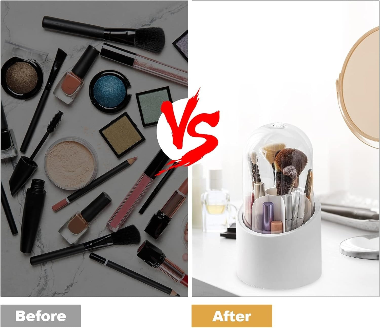 360° Rotating Makeup Brush Organizer with Clear Dome Cover – Dust proof Cosmetic Holder for Vanity and Desk