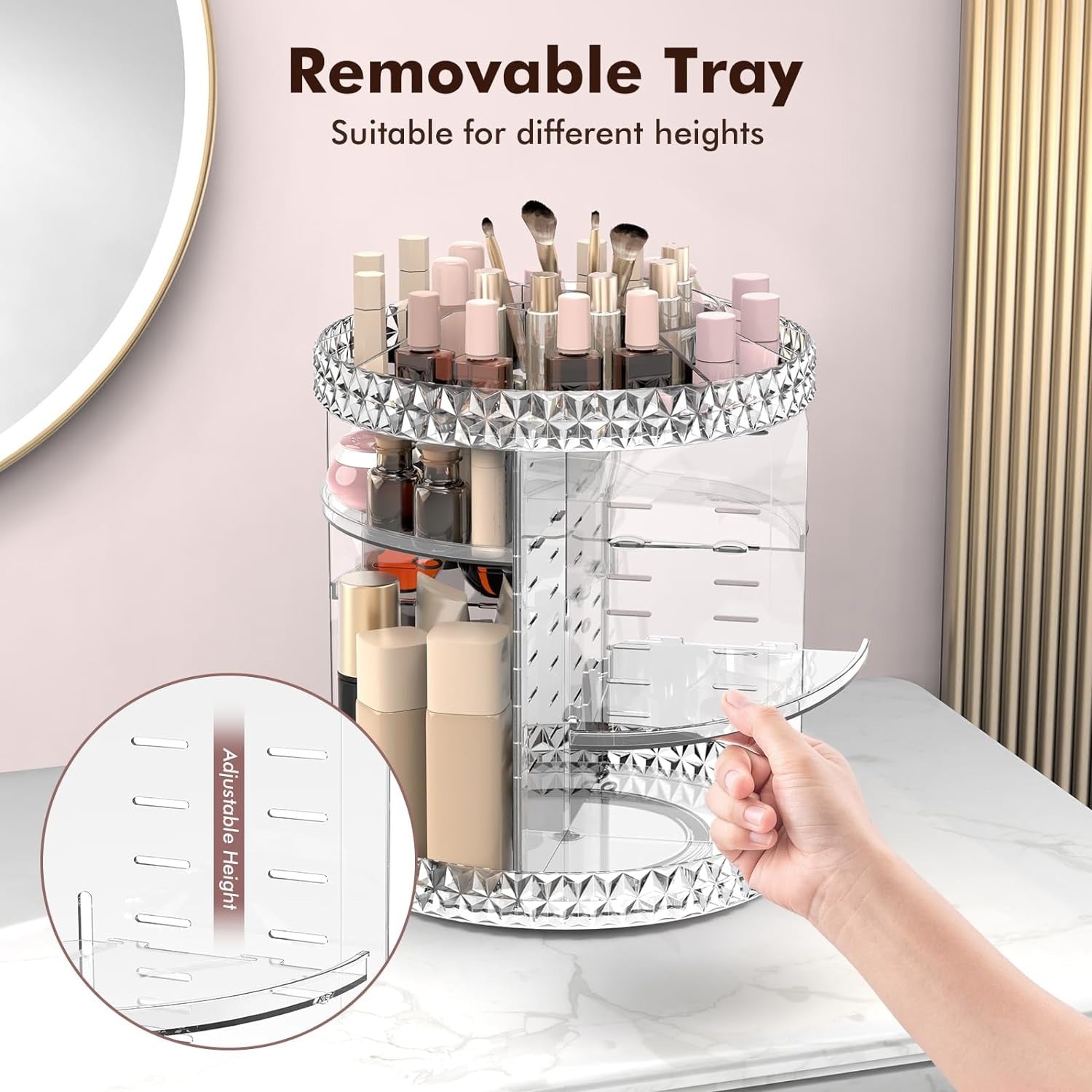 360° Rotating Acrylic Makeup Organizer – Multi-tier diamond-cut transparent cosmetic storage box by Trend-ify