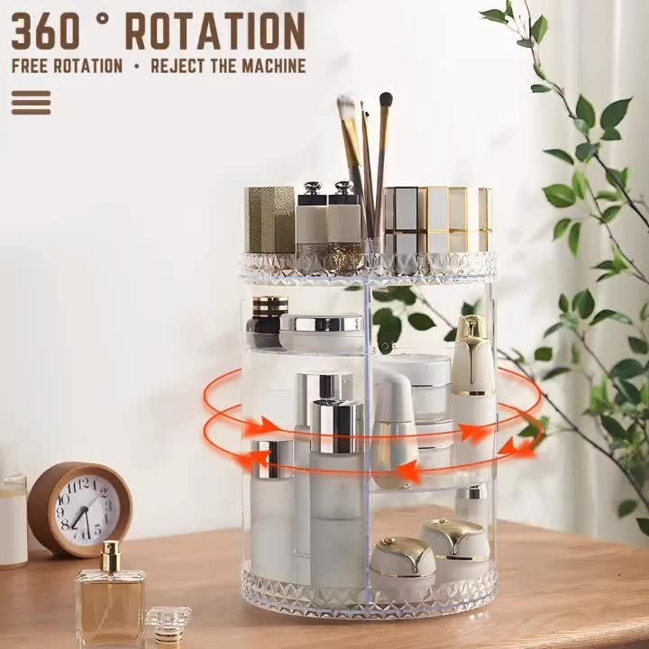 360° Rotating Acrylic Makeup Organizer – Multi-tier diamond-cut transparent cosmetic storage box by Trend-ify