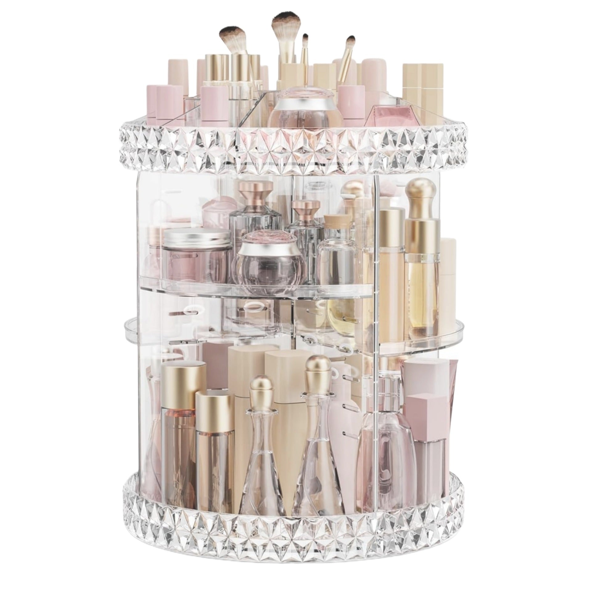 360° Rotating Acrylic Makeup Organizer – Multi-tier diamond-cut transparent cosmetic storage box by Trend-ify