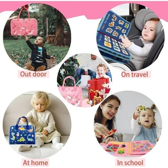 Reusable Montessori Busy Book for Toddlers – Blue Educational Learning Toy with Stickers and Flashcards for Early Skill Development