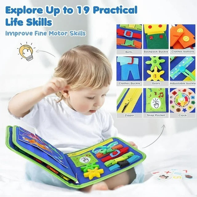 Reusable Montessori Busy Book for Toddlers – Blue Educational Learning Toy with Stickers and Flashcards for Early Skill Development