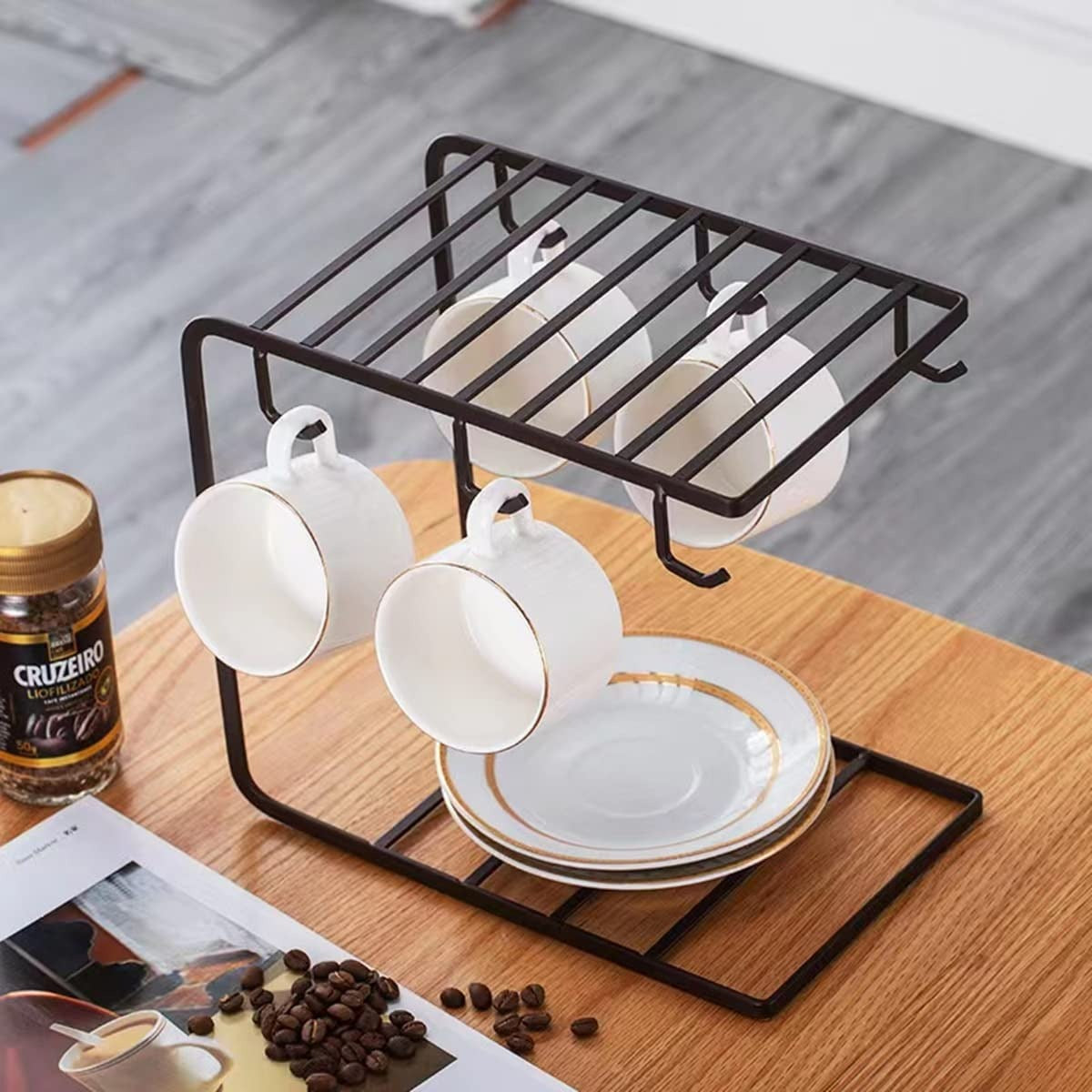 Modern space-saving mug stand holder tree rack with smooth hooks for kitchen and coffee corner decor
