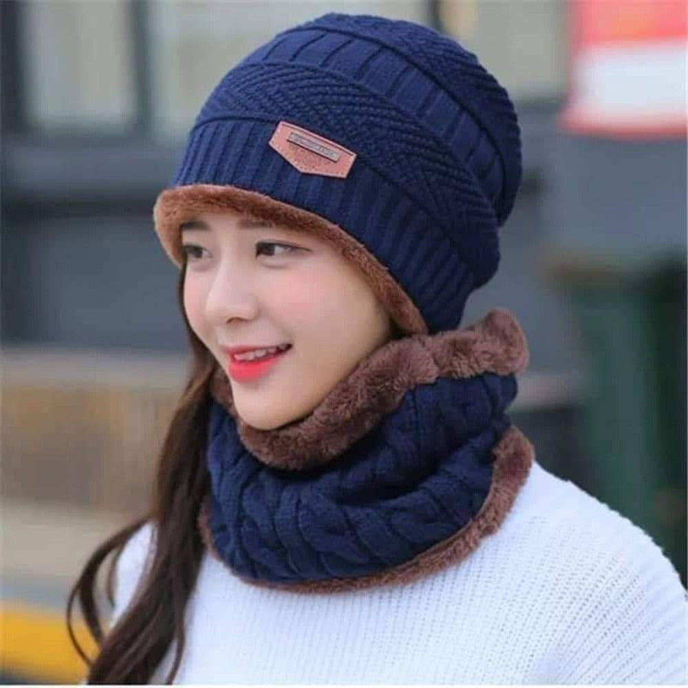 Muffler cap 2 in 1 warm soft fabric stylish winter neck warmer random color