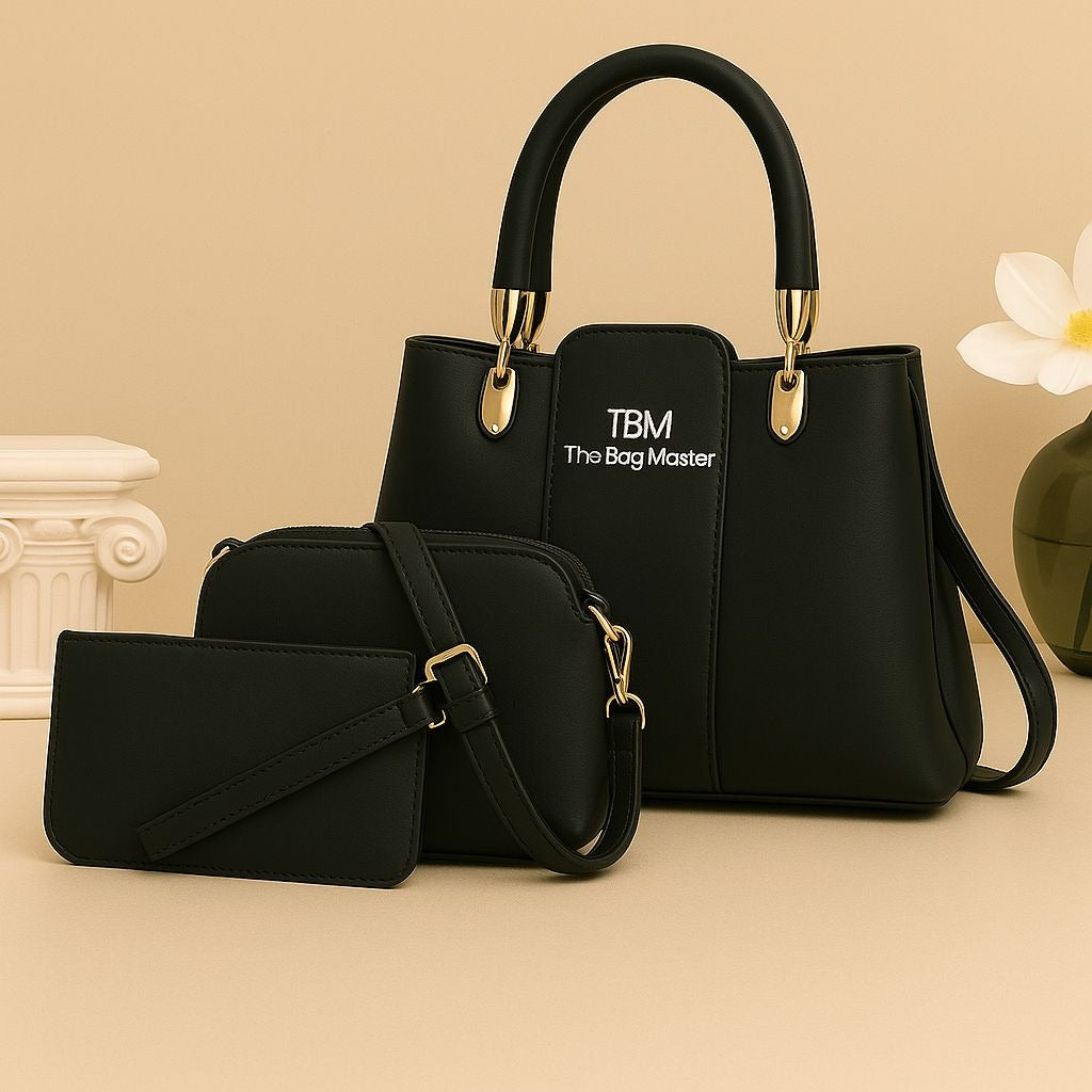 Black handbag with matching pouch on a beige background, featuring 'The Bag Master' branding.