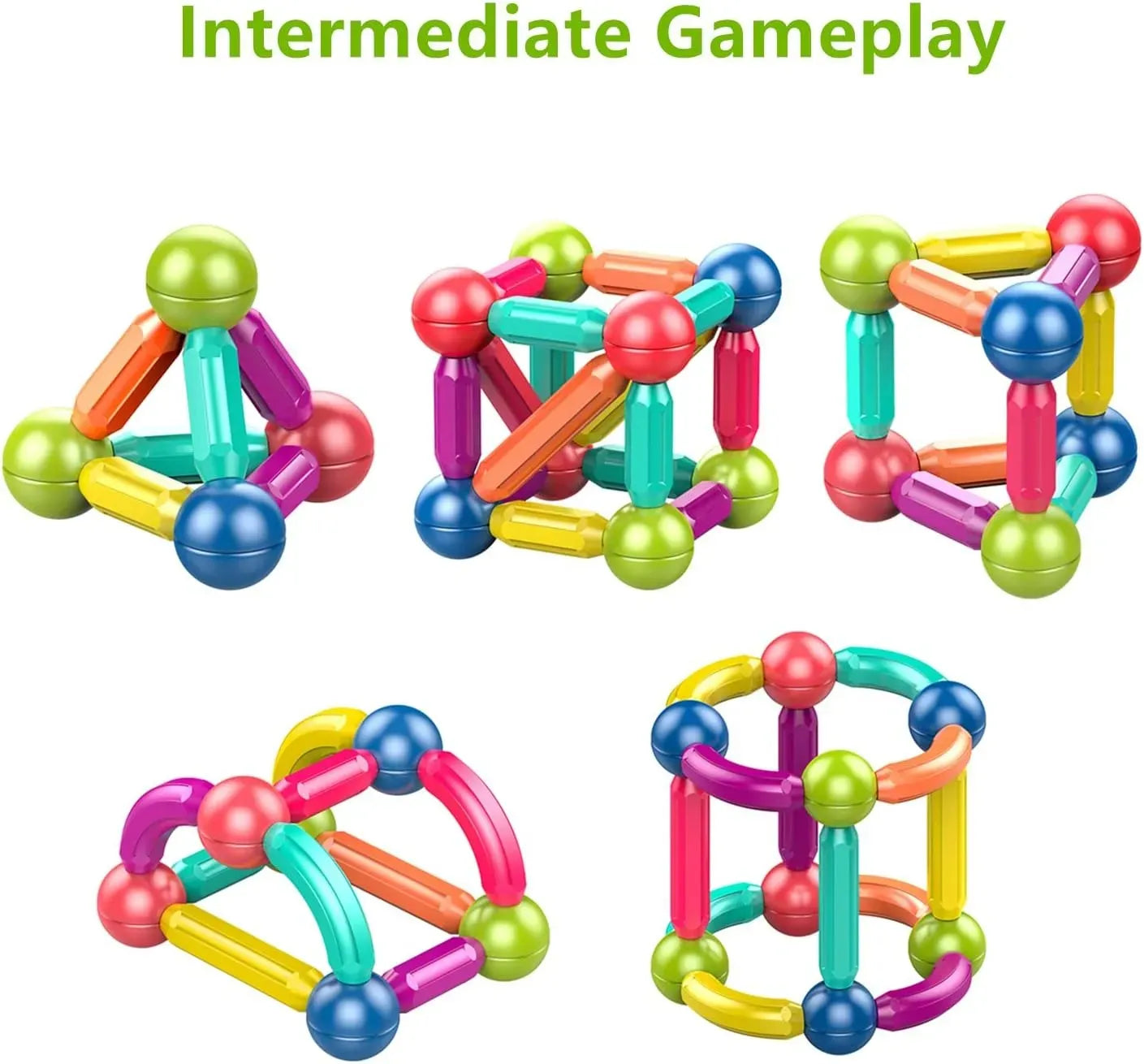 Colorful building block toys forming various shapes on a white background with 'Intermediate Gameplay' text.