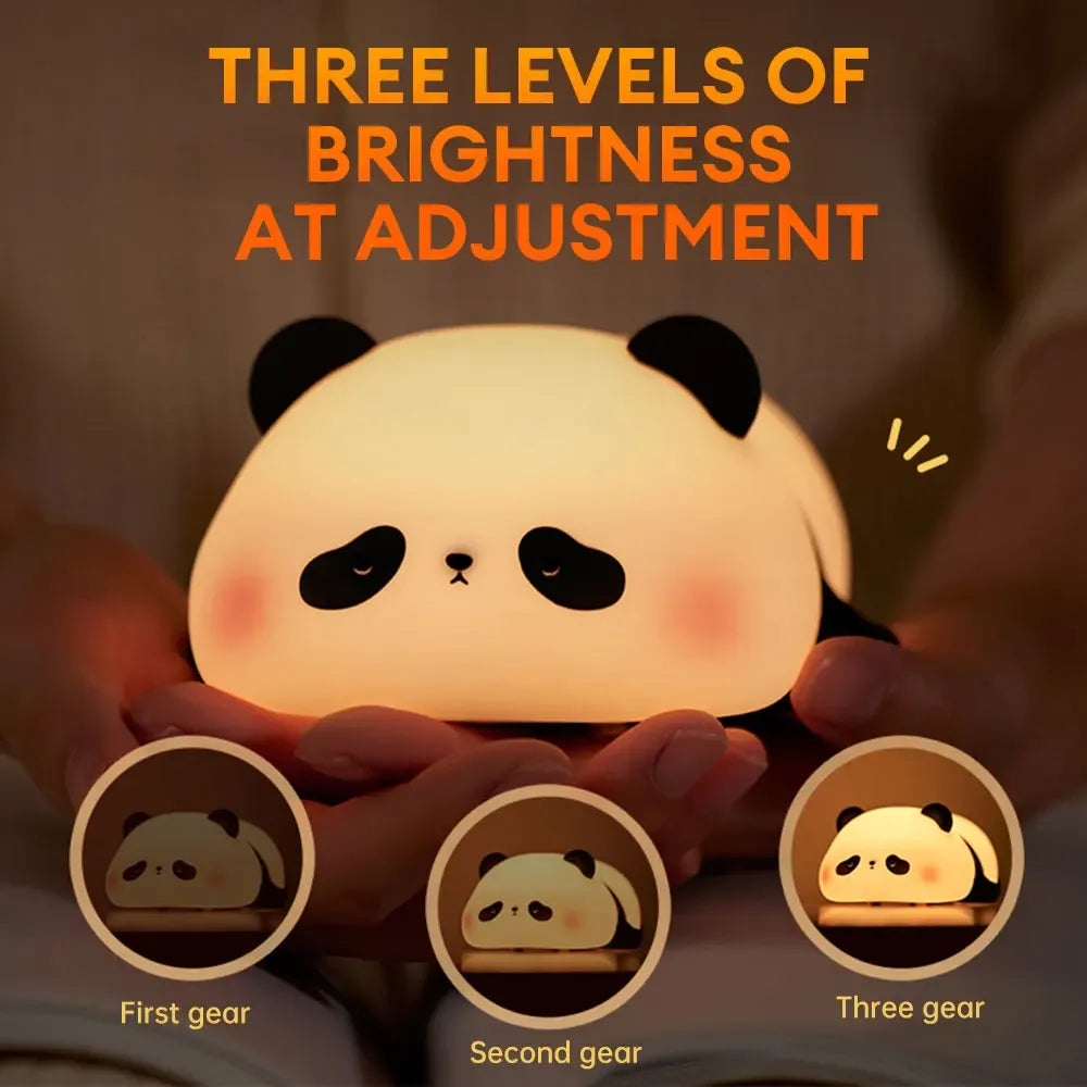 Panda-shaped night light held in hands with brightness adjustment indicators shown.