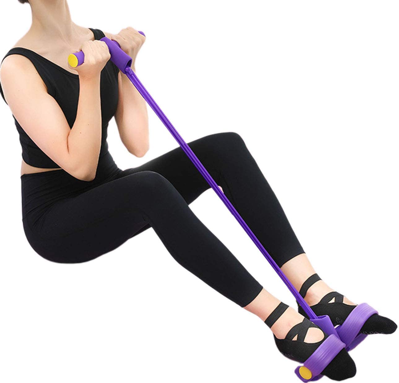 Person using a purple resistance band for exercise on a white background