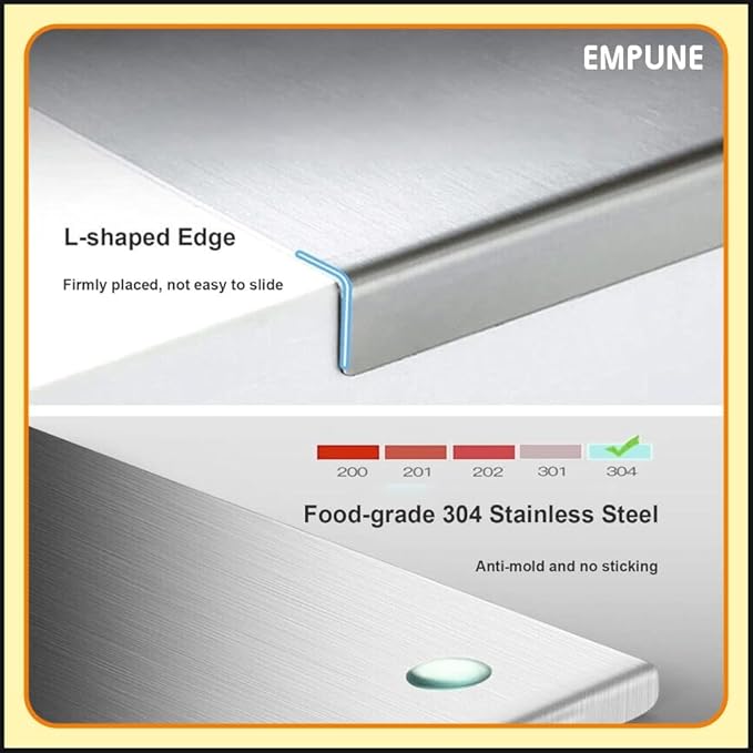 Stainless steel edge with 'EMPUNE' branding, highlighting L-shaped edge and food-grade 304 stainless steel properties.