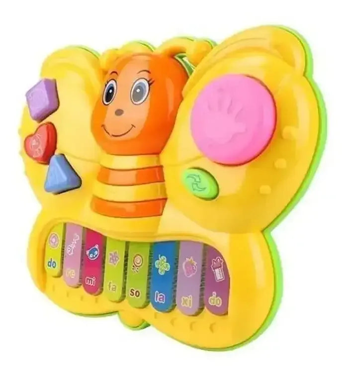 Colorful butterfly-shaped toy with cartoon face on a white background