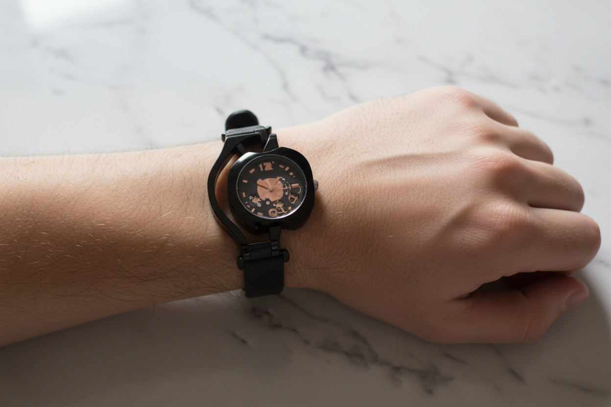 Apple silhouette analog watch in midnight black with white dial and quartz movement by Trend-ify