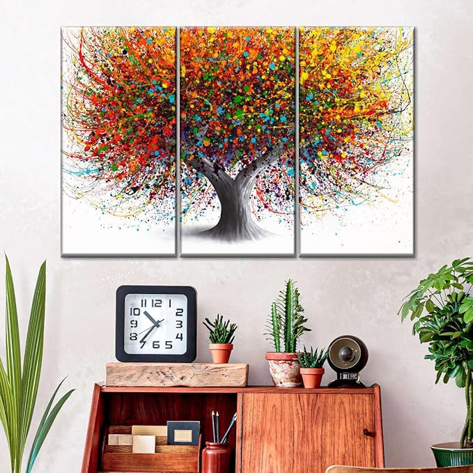 Tree of Festivity abstract 3-piece canvas wall art set, premium 300 GSM print for home and office decor.
