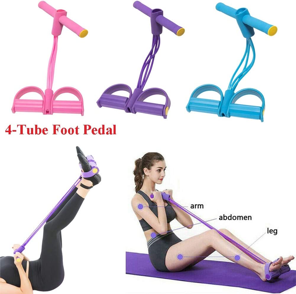 Colorful 4-Tube Foot Pedals with a woman using them for exercise on a white background.