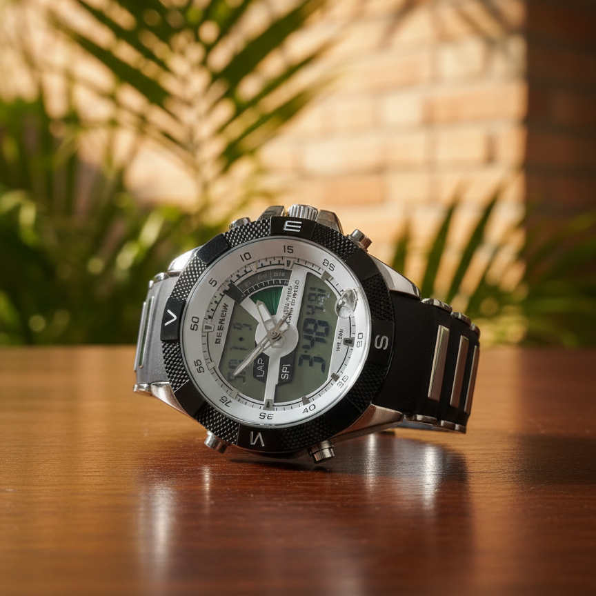 Multifunctional watch with digital and analog display on a wooden surface with blurred greenery in the background