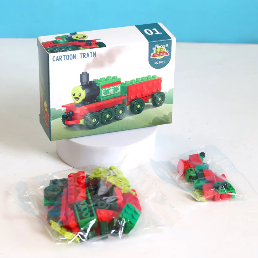 Toy train set with packaging on a white background