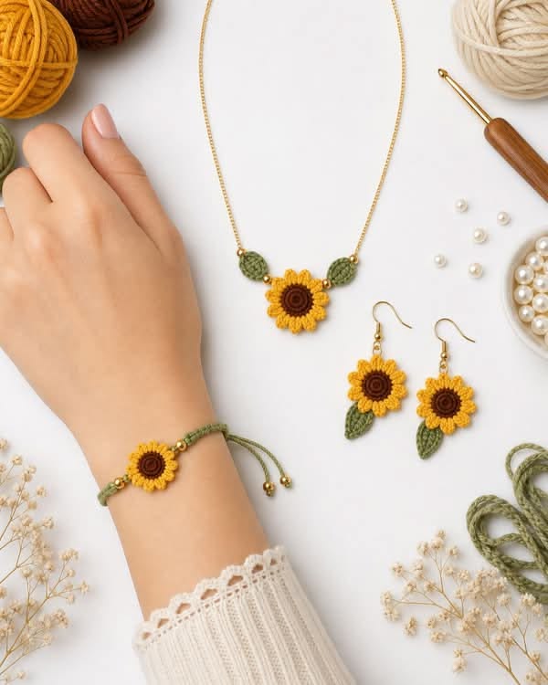 Personalized handmade crochet sunflower jewelry set including necklace, earrings, and bracelet, customized and made on order with premium crochet thread.