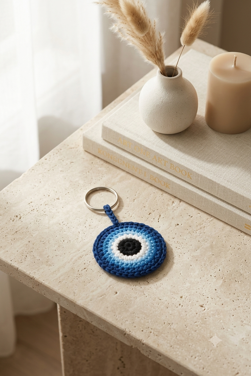 Personalized handmade evil eye crochet keychain customized in your preferred colors, made on order with premium crochet yarn for keys, handbags, backpacks, and thoughtful gifts.