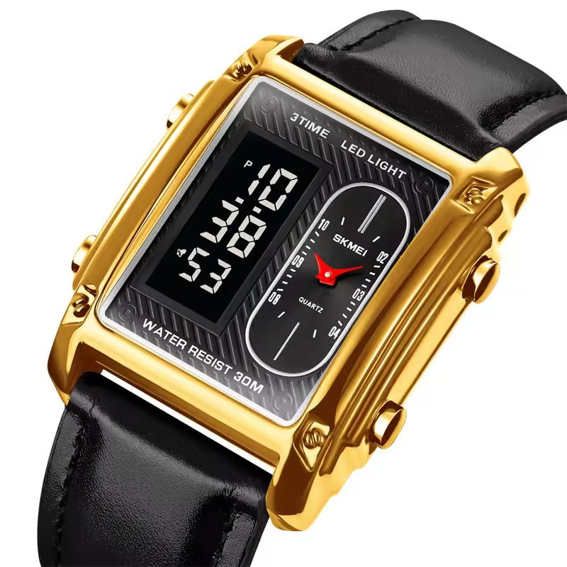 Original SKMEI 1868 analog digital watch for men black dial with golden case leather strap