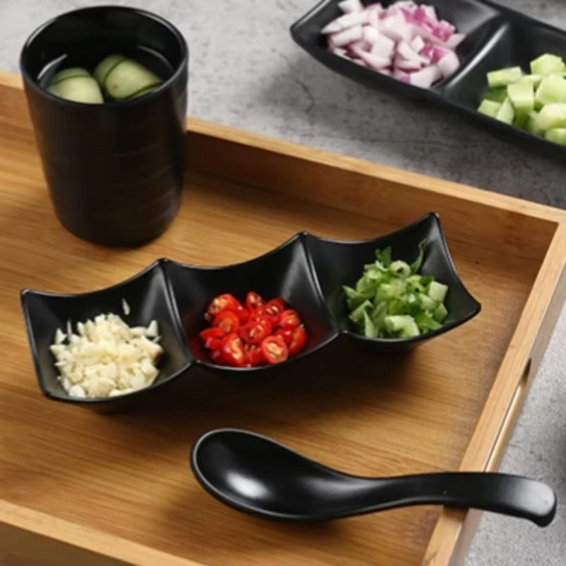 Plastic condiment dish with three sections for sauces