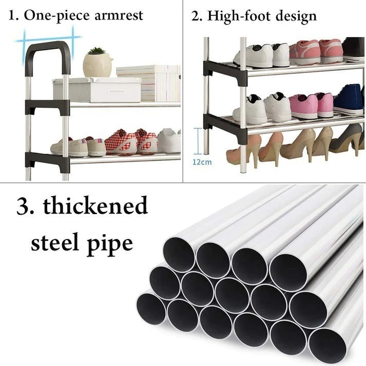 Shoe rack with features highlighted, including one-piece armrest, high-foot design, and thickened steel pipe.