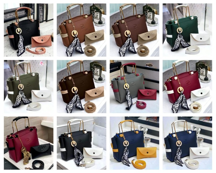 Grid of various handbags in different colors with scarves and accessories.
