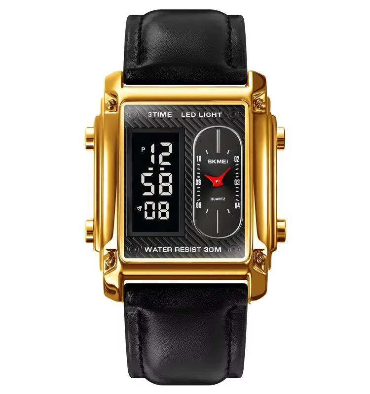 Original SKMEI 1868 analog digital watch for men black dial with golden case leather strap