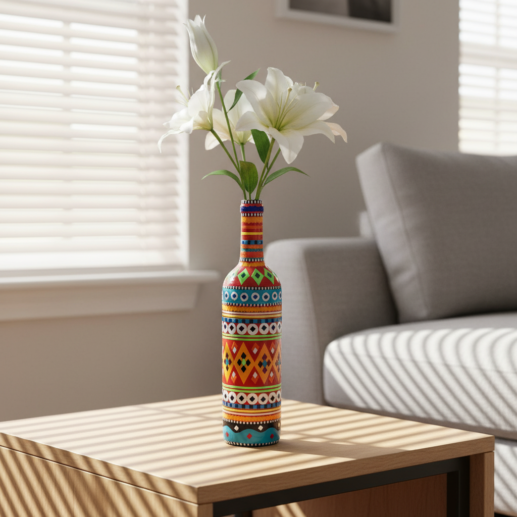 Traditional truck art glass bottle vase 750ml multicolor handcrafted Pakistani home decor Trend‑ify