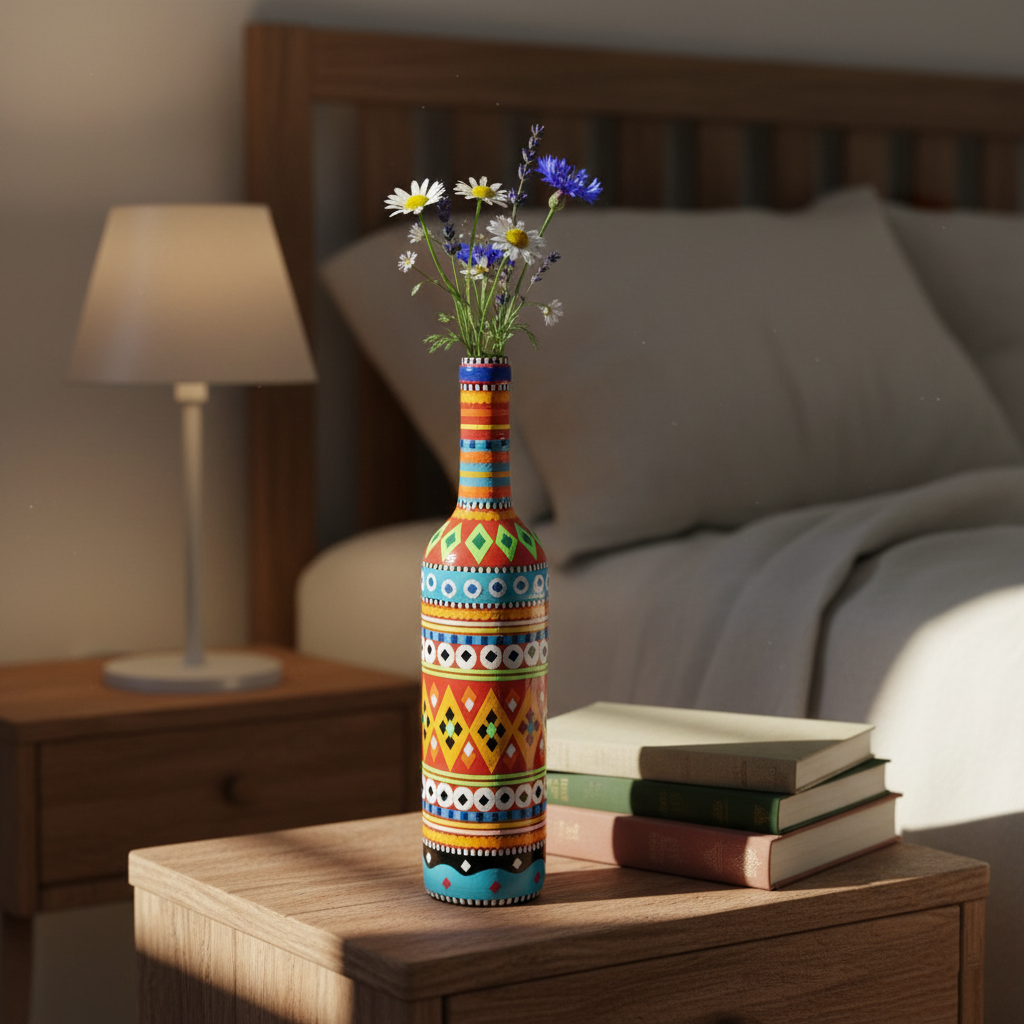 Traditional truck art glass bottle vase 750ml multicolor handcrafted Pakistani home decor Trend‑ify