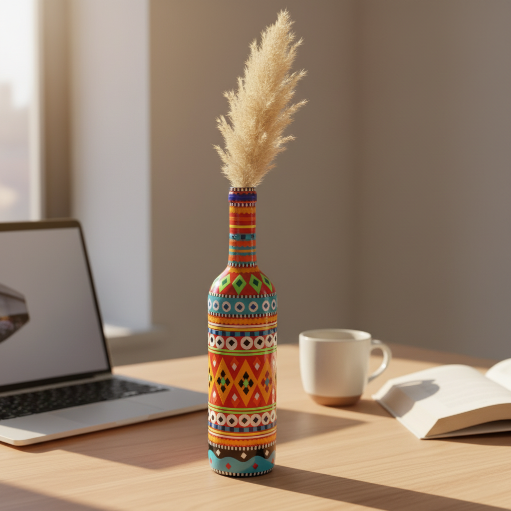 Traditional truck art glass bottle vase 750ml multicolor handcrafted Pakistani home decor Trend‑ify