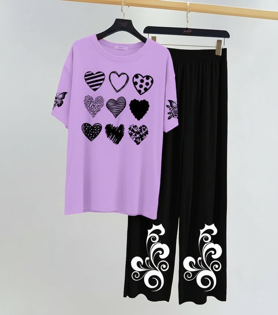 Purple and black women printed night suit jersey fabric comfortable sleepwear