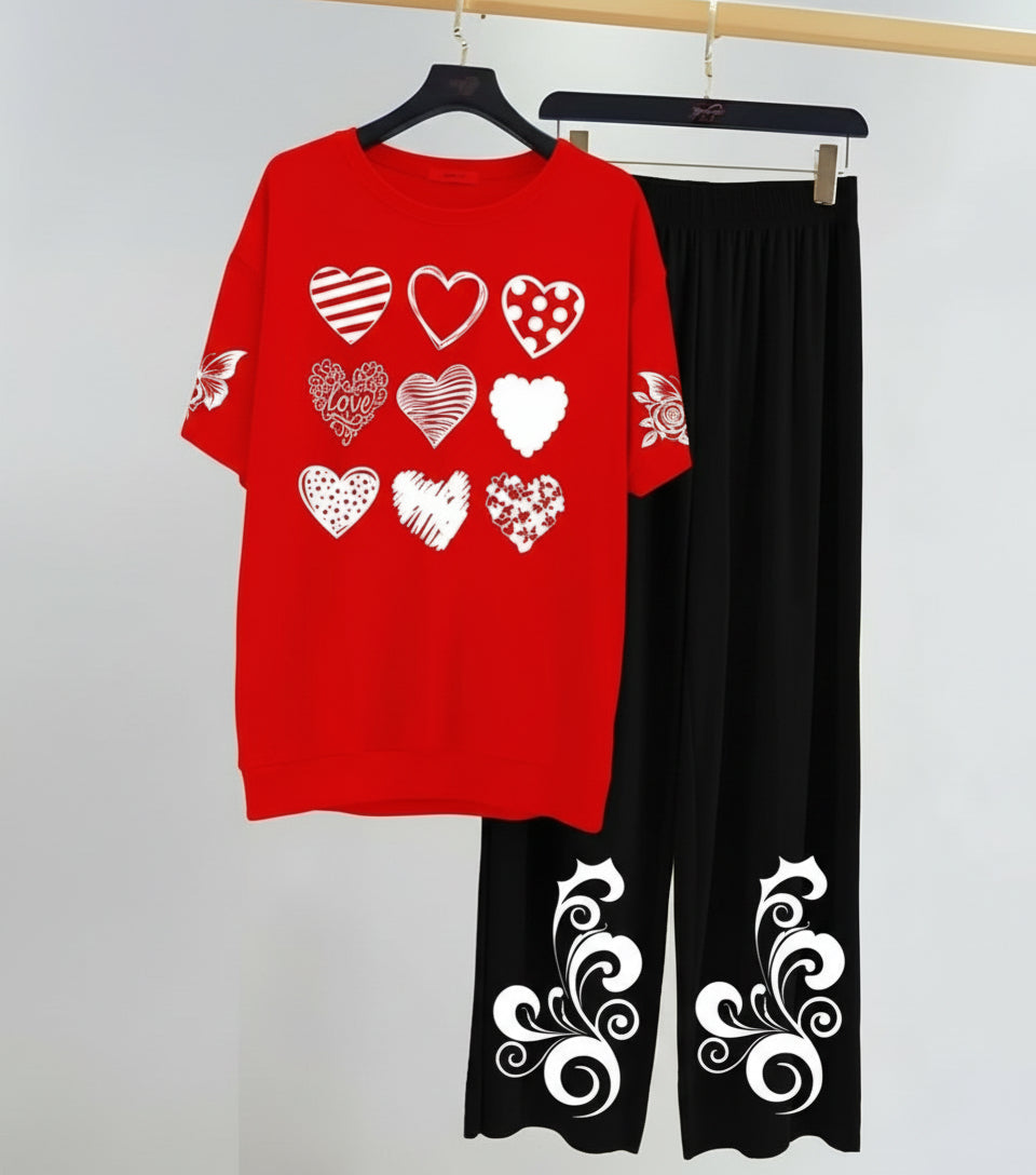 Red and black women printed night suit jersey fabric comfortable sleepwear