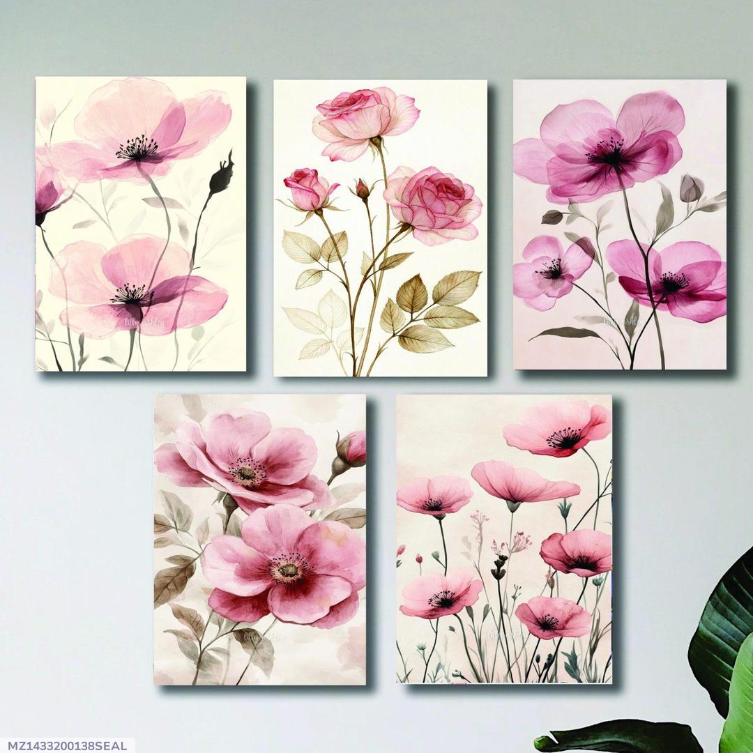 set of 5 floral wooden wall frames 8x11 pink floral artwork Pakistani home décor