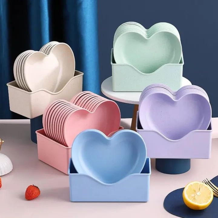 10pcs heart shape plastic plate set food grade snack plates assorted colors