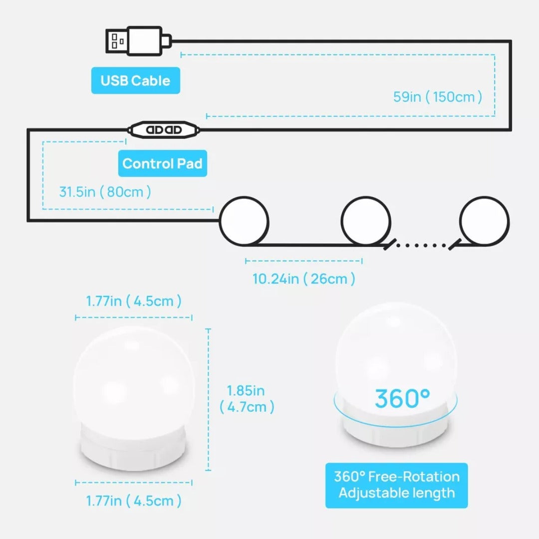 Diagram of a USB cable, control pad, and adjustable length feature with measurements on a white background.